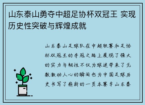 山东泰山勇夺中超足协杯双冠王 实现历史性突破与辉煌成就